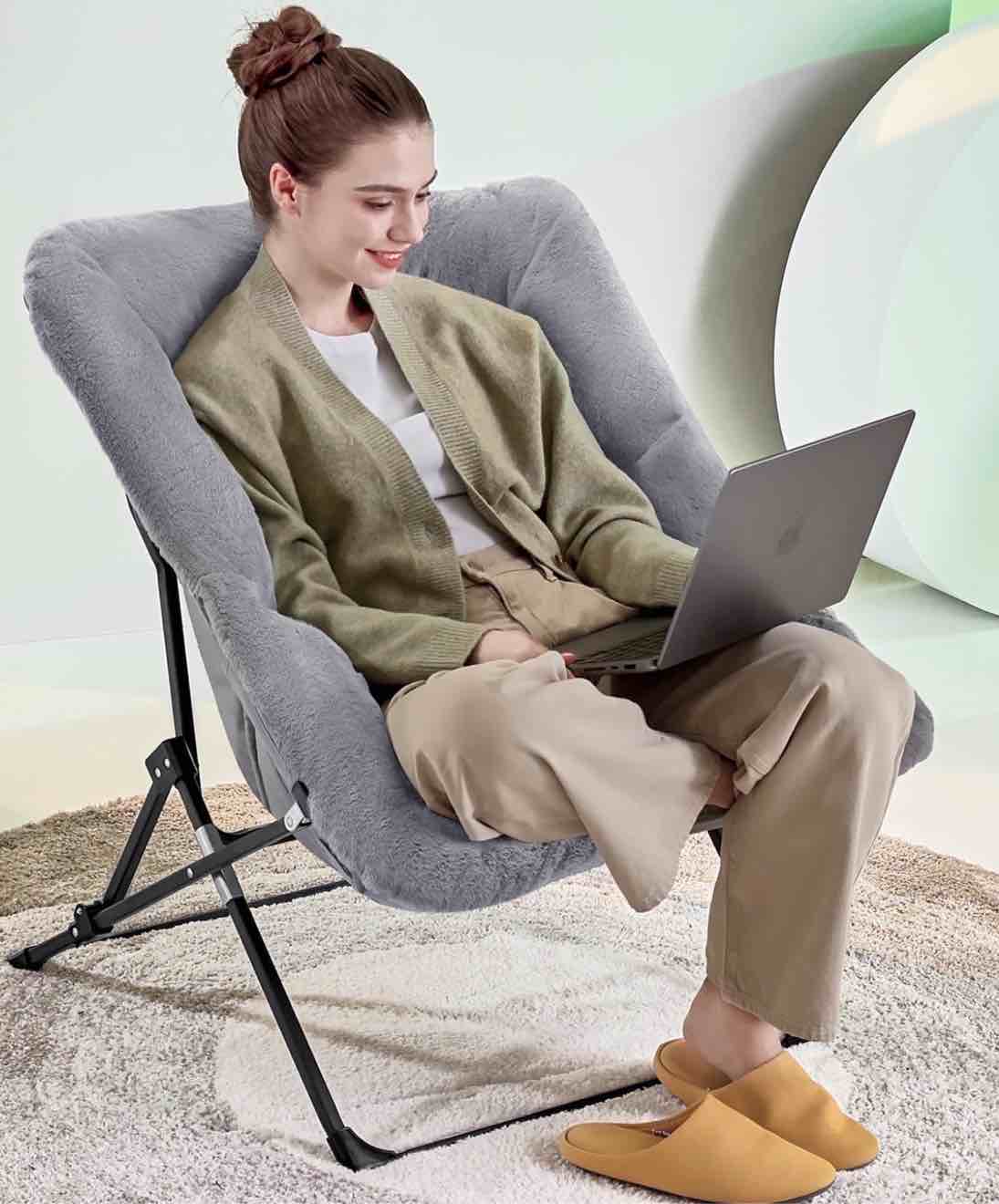 ARKANTOS Folding Saucer Chair for Adults, Comfy Chair for Bedroom and Living Room, Faux Fur Lounge Chair ,Gray