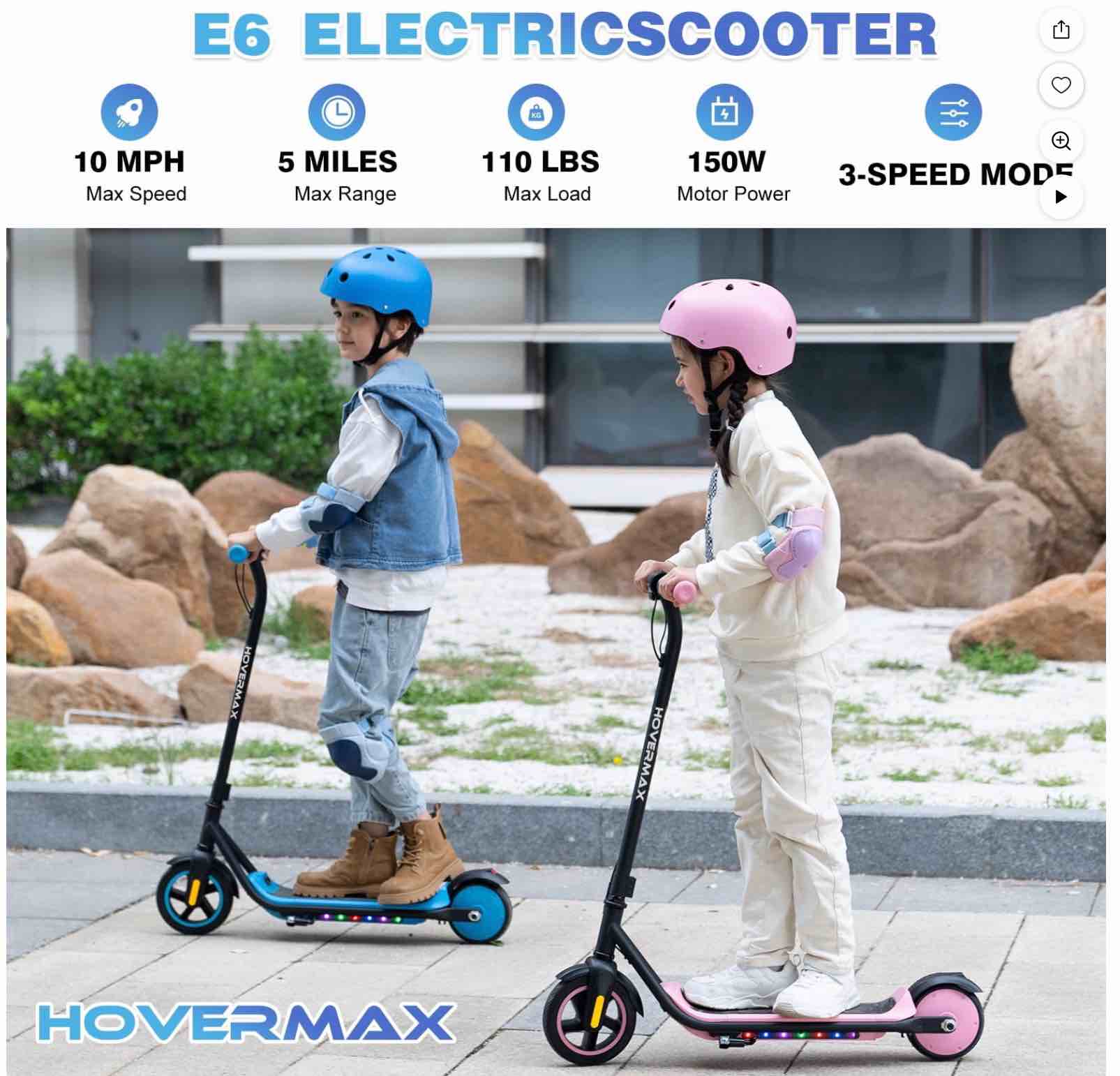 HOVERMAX Kids Electric Scooter - Ages 6-12, 10mph, 9.3mi Range w/ 7-Color Lights & 7" Tires