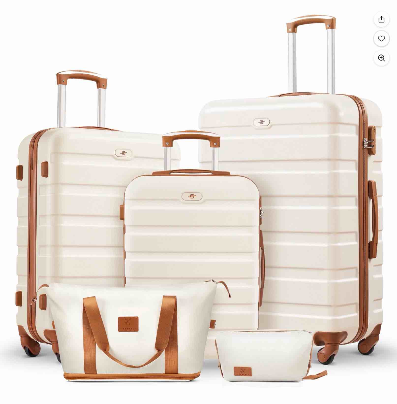 5 Pcs Travel Luggage Sets, 20 24 28 inch Carry-on and Checked Suitcase with Expandable Duffle Bags, White Tan