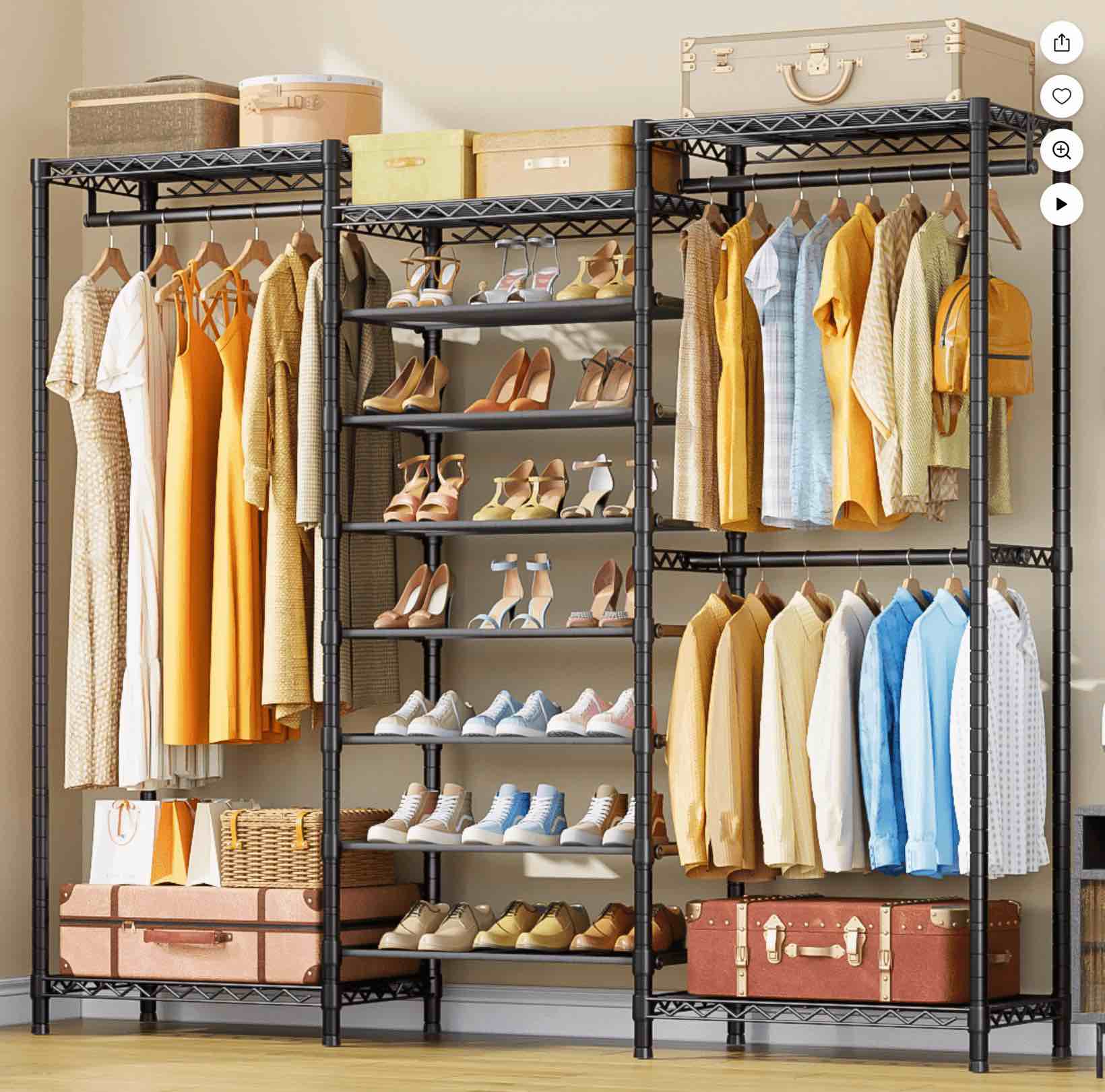 ULIF E16 Heavy Duty Metal Clothing Rack with 7-Tier Adjustable Shoe Shelves, Freestanding Wardrobe Organizer, 69"W x 15.8"D x 76.2"H, Black