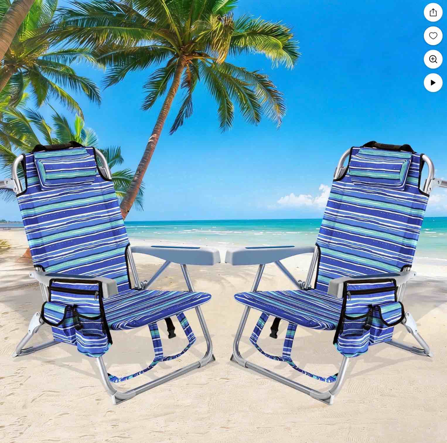GVDV Backpack Beach Chair Set of 2, Portable Folding Beach Chair with Cup Holder and Towel Bars, 4-Position Adjustable Reclining Chair for Beach, Camp, Outdoor