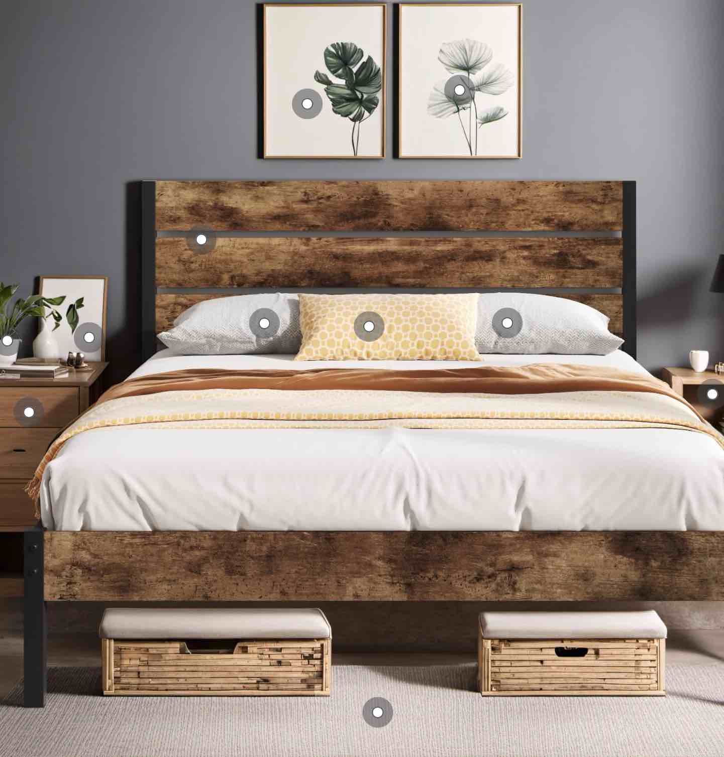 Lifezone Queen Bed Frame with Rustic Vintage Wood Headboard and Footboard,Metal Support,Rustic Brown