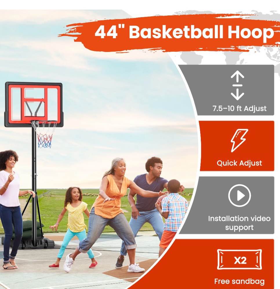 Naipo 44 In Basketball Hoop 7.5 ft -10 ft Adjustable 2 Free Sandbags Orange Portable Basketball Goals Outdoor and Indoor for Youth and Adult
