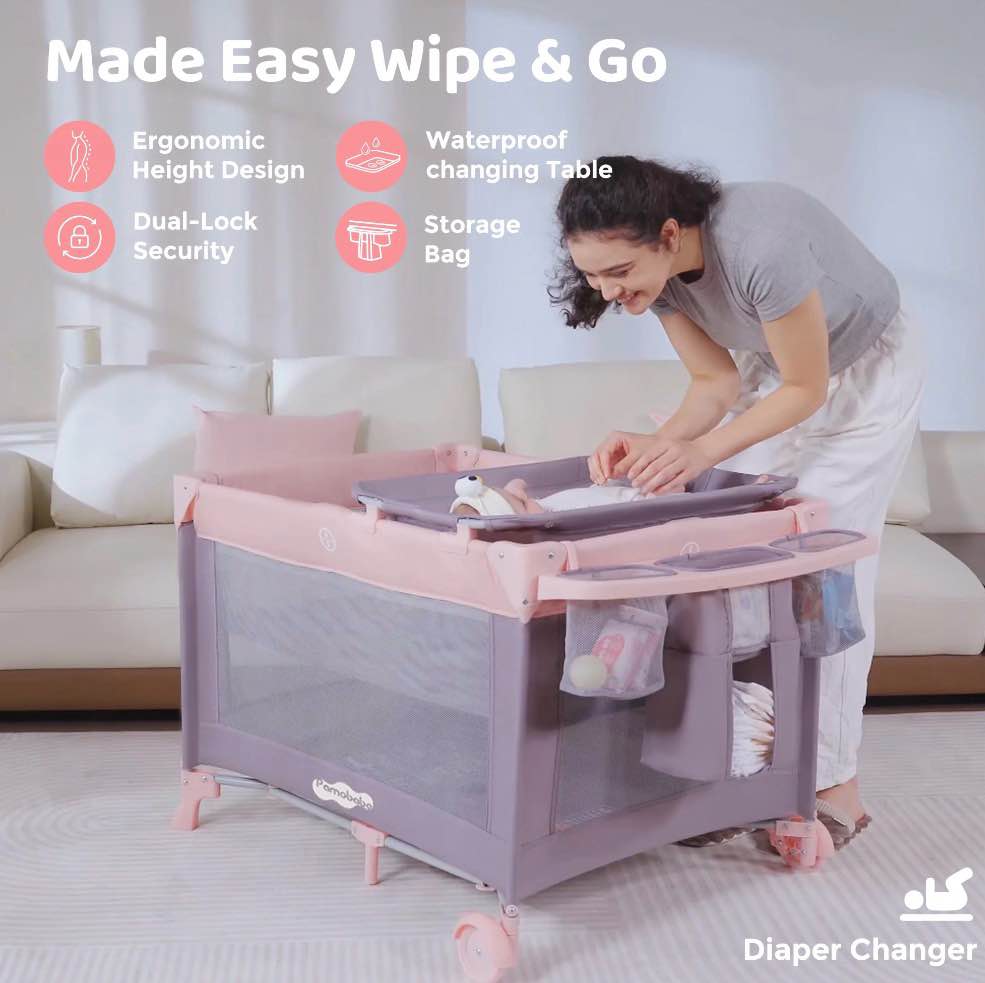 Pamo Babe 4-in-1 Baby Playard with Bassinet & Changing Table for Newborn,4-Panels Playpen