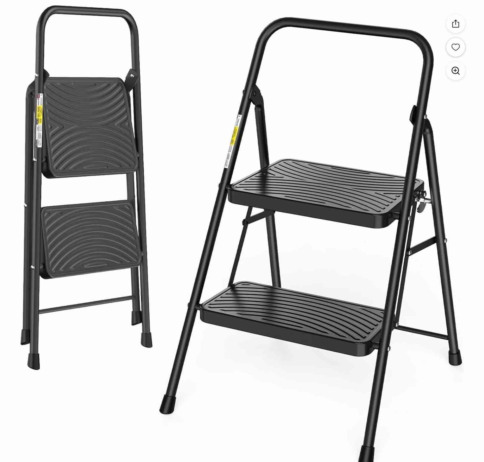 Jocauto 2 Step Ladder, Folding Step Stool for Adults with Wide Anti-Slip Pedal, Sturdy Portable 2 Step Stool, Lightweight, Black
