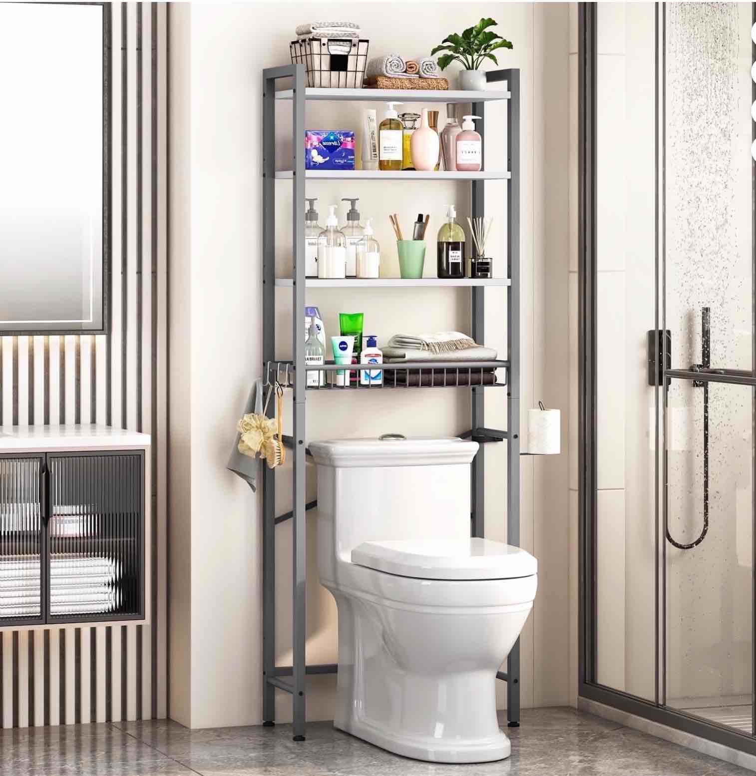 Biemlerfn Over The Toilet Storage Shelf, 4-Tier Wooden Bathroom Organizer Adjustable Saver Space Rack with Toilet Paper Holder, Gray&White