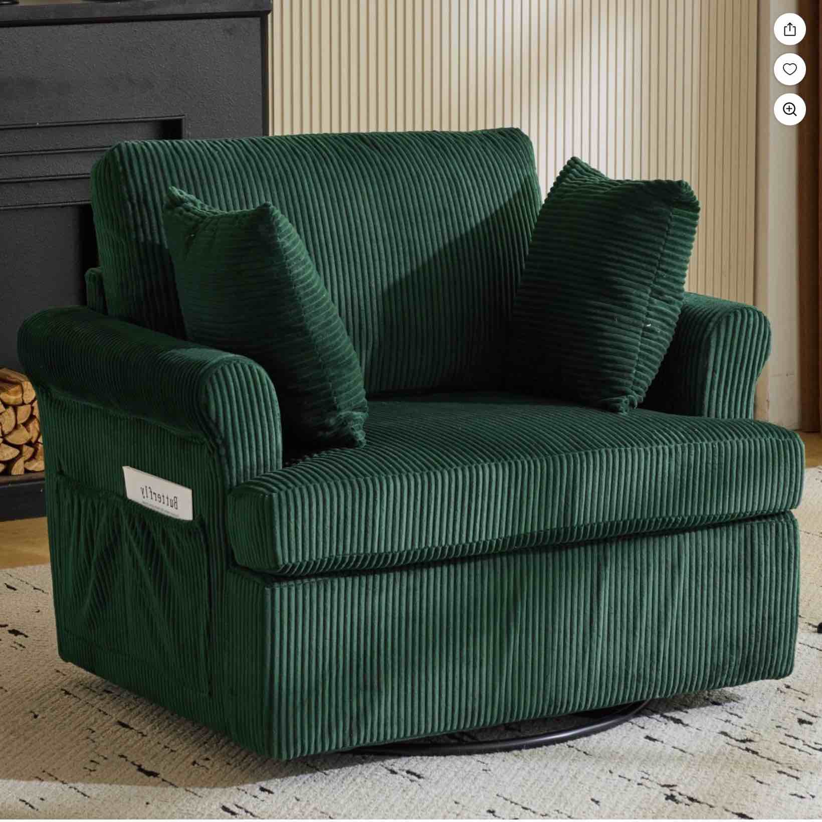 Ktaxon Swivel Accent Chair, 360-Degree Rotation Reading Chair, Corduroy Fabric Sofa with Armrest Pockets, Solid Metal Base, Perfect for Living Room Bedroom Green