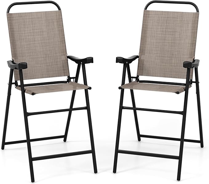 COSTWAY 2 Pieces Patio Folding Bar Chairs, High Top Patio Bar Chair with Metal Frame & Footrest, Outdoor Bar Height Chairs for Balcony, Garden & Poolside, Coffee (1, Coffee)