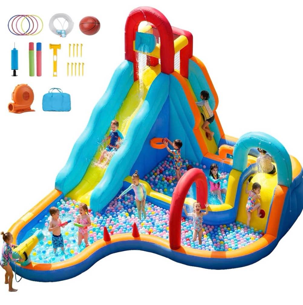 Patbrela Inflatable Water Slide Bounce House with Blower, 202x145x100inches, 12-in-1 Water Park with Extra Long Water Slide, Deep Pool, Basketball Hoop, Water Basin, Spray Door, Indoor/Outdoor