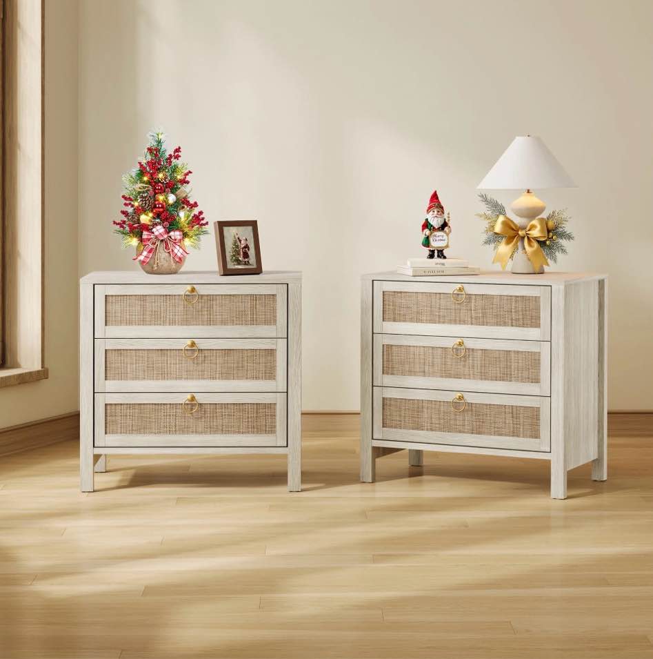 SICOTAS 26.78"W White Nightstand 3 Drawer Dresser Set of 2, Boho Night Stands Large Nightstand with 3 Drawers, Rattan Beside Table 25.67" Tall End Table for Bedroom Enterway Living Room
