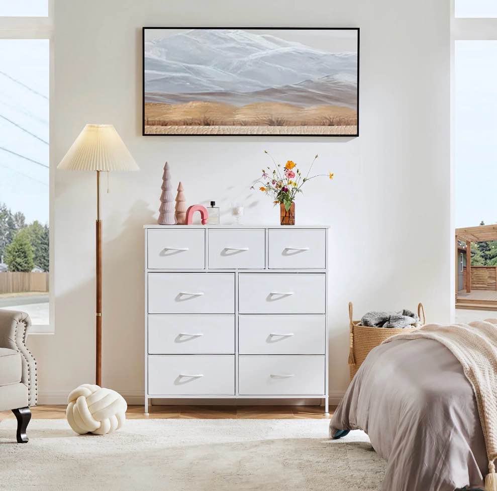 edx Fabric Storage Dresser with 9 Drawers, Steel Frame and Wooden Top for Bedroom, Closet and Entryway , White