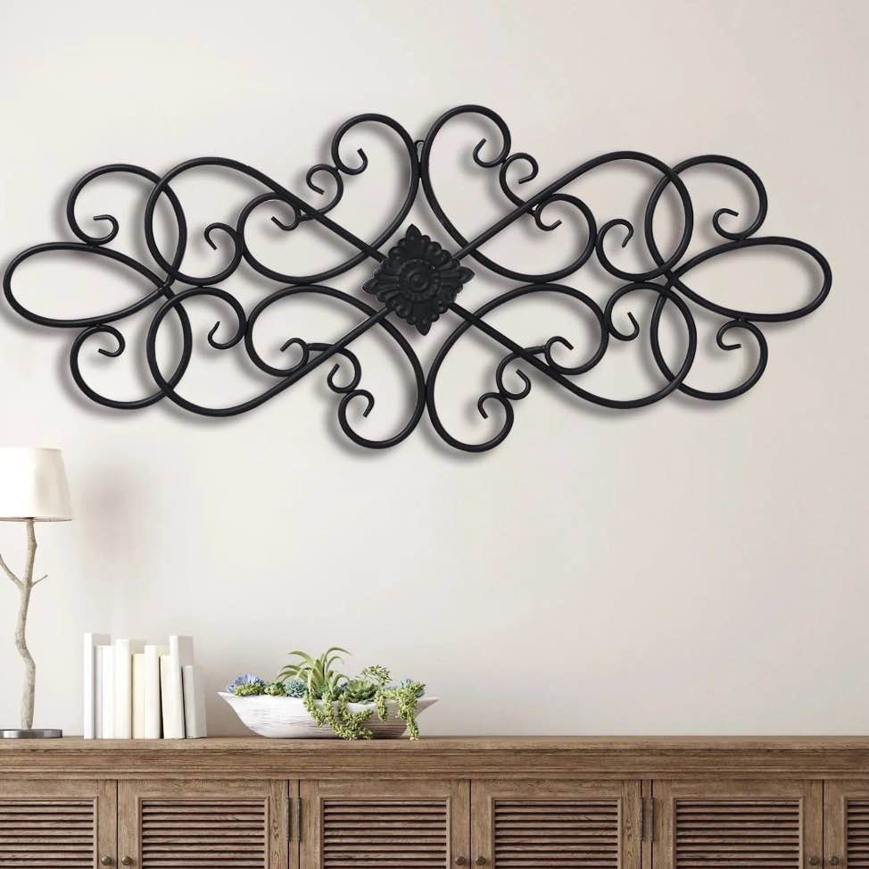 Sintosin Farmhouse Wall Decor 32" x 14" - Black Wrought Iron Flower Plaque Scroll Metal Wall Art for Bedroom, Living Room, Entryway Home & Garden Decor (Metal Decor)