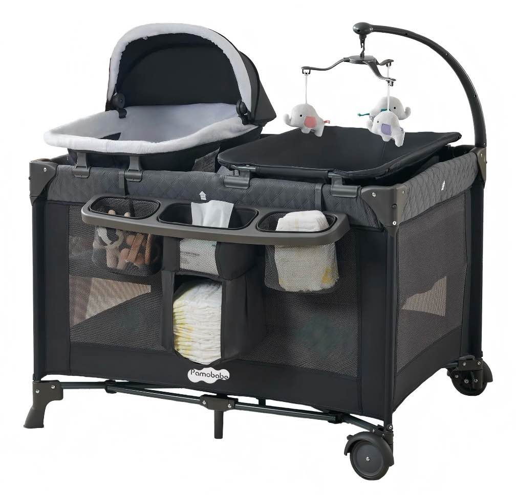 Pamo Babe 4-in-1 Baby Playard with Bassinet & Changing Table for Newborn,Grey