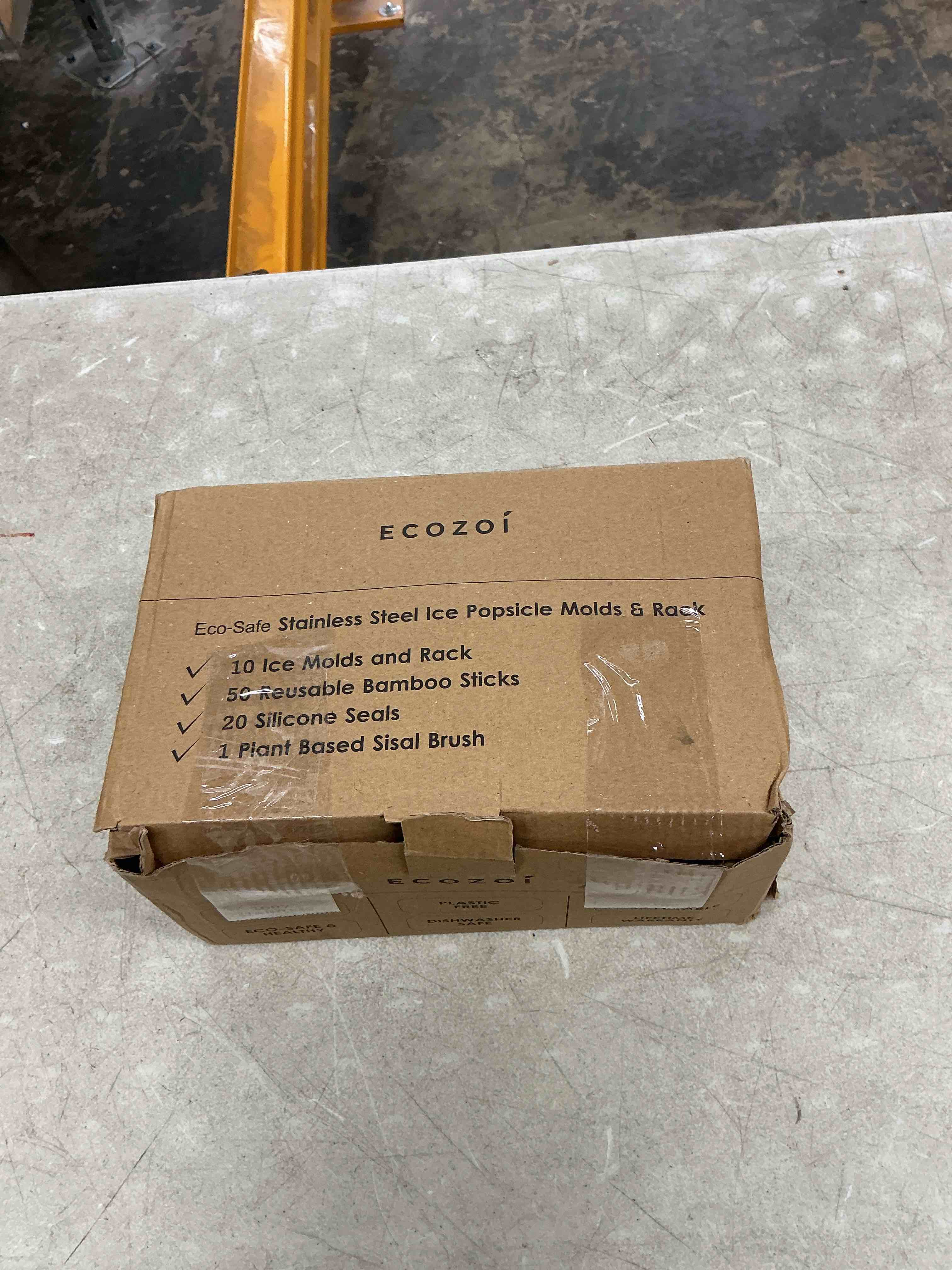 Condition photo showing Good Condition for ecozoi stainless steel popsicle molds and rack - 10 square ice pop makers + 50 reusable bamboo sticks + 20 silicone seals + 1 cleaning brush + 1 rack square-10 molds