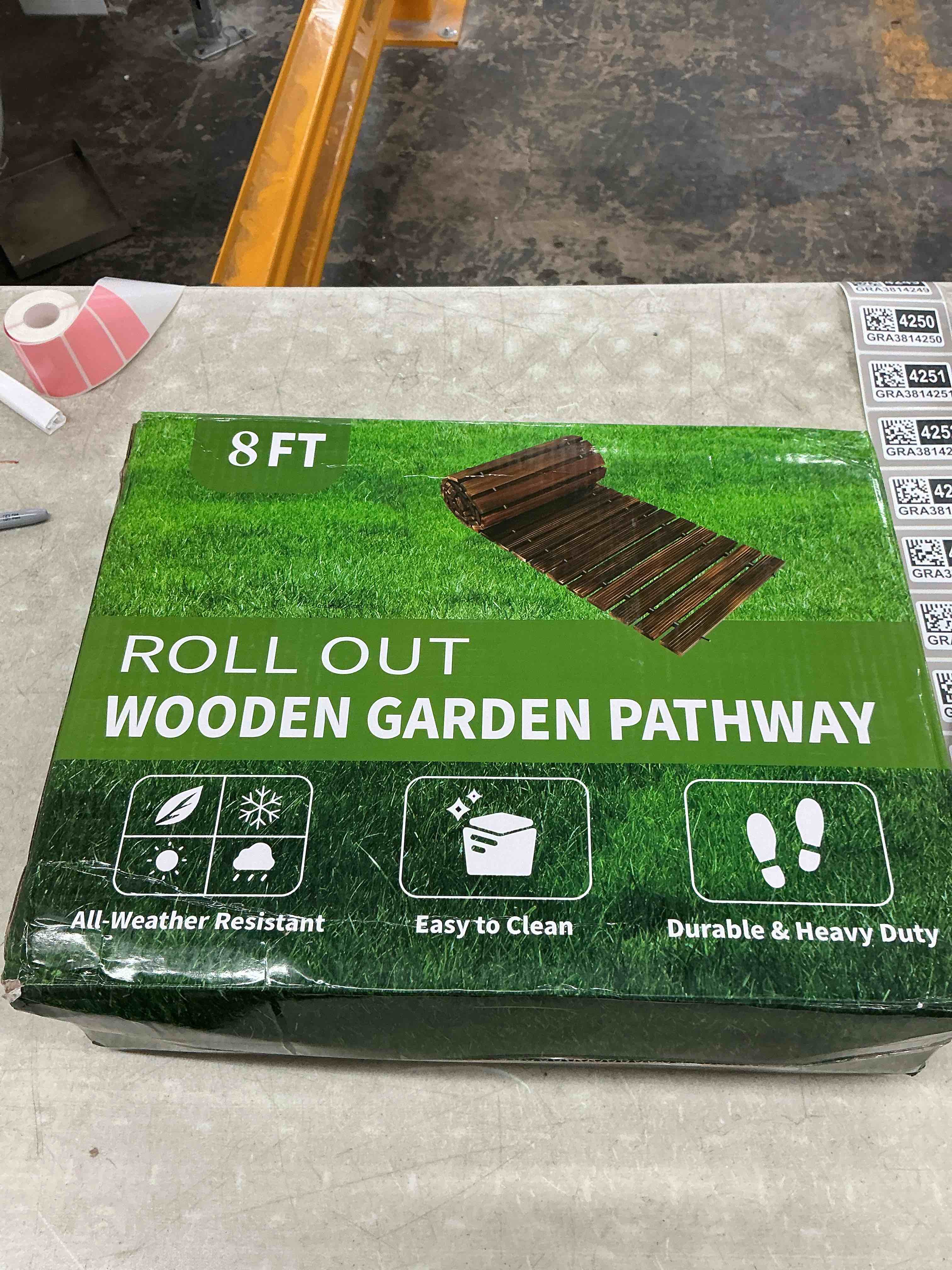 Condition photo showing Good Condition for linshry 8ft wooden garden pathway, outdoor roll out decorative garden walkway, weather-resistant non-slip hardwood pathway for garden, backyard, beach, wedding party pathways(dark brown) 8' l x 17" w dark brown
