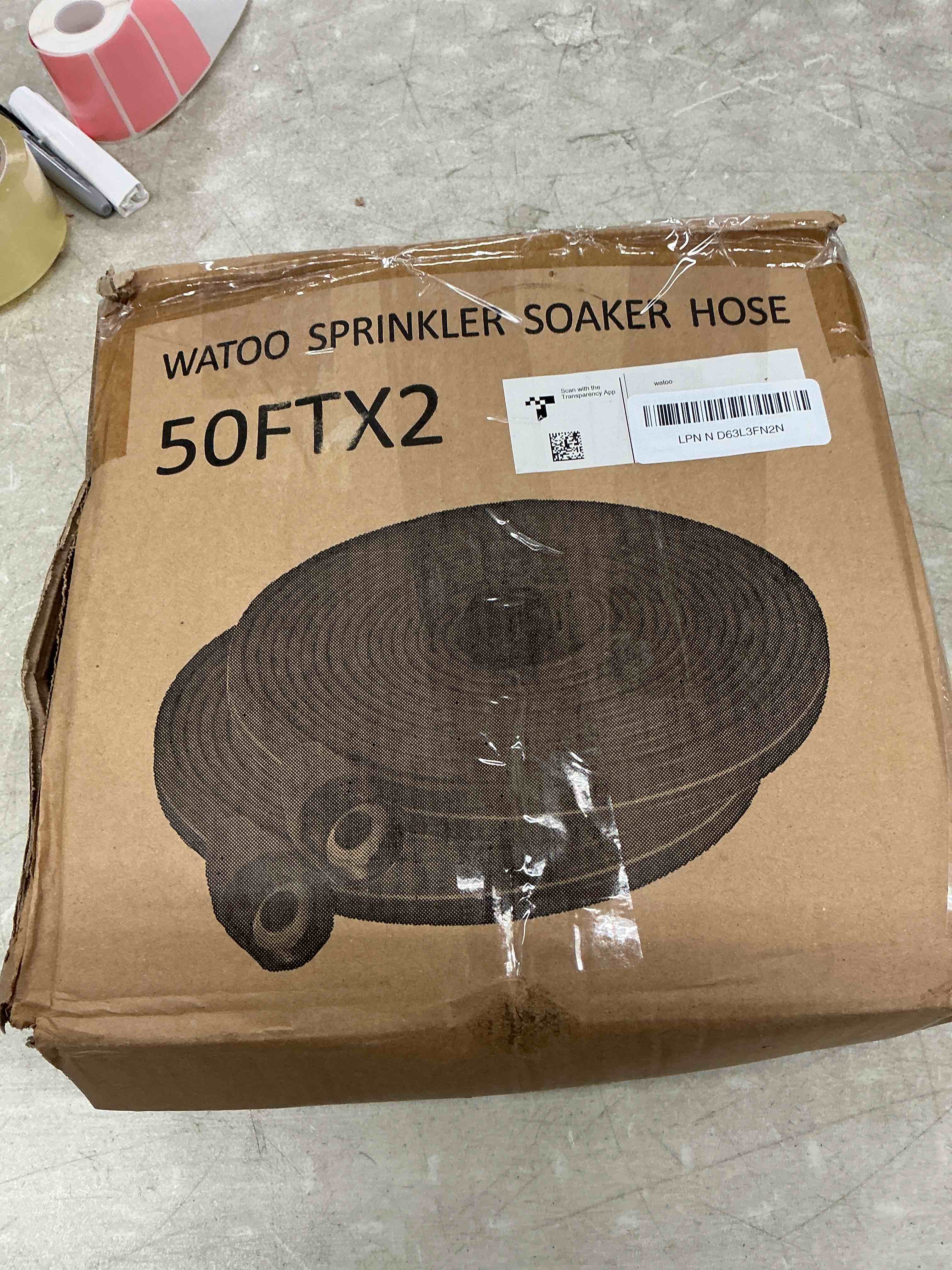 Condition photo showing Good Condition for watoo 2026 sprinkler hose & soaker hose for yard - 100 ft reinforced flat garden hose with holes, heavy duty no-kink lawn irrigation hose (includes stakes, high pressure spray) 100ft(50ft*2)