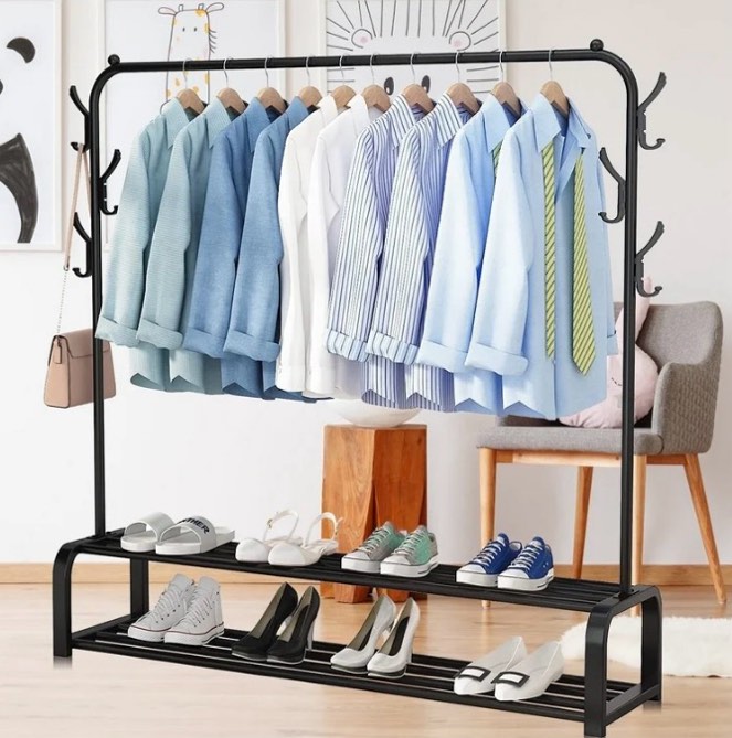 Homemart Clothes Rack, Portable Clothes Closet Dress Rack, Large Clothes Rack without Wheels, 2-Tier Standing Closet Shelves for Bedroom
