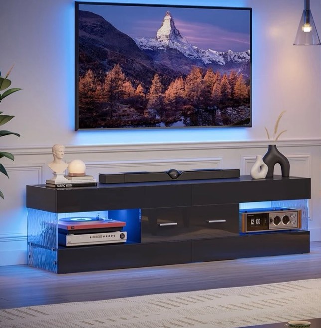 Bestier Black TV Cabinet for TVs up to 65”, Modern Entertainment Center for TVs with LED Light, High Brightness TV Console Table with Storage Drawers