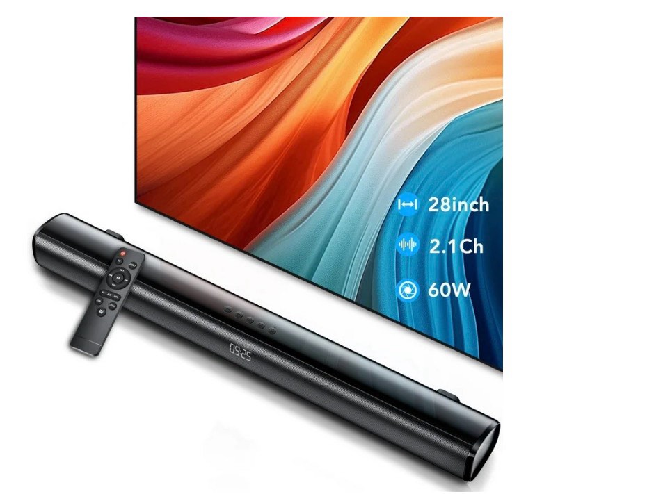 TV Sound Bar, 60W Sound Bar TV Speakers, 2.1 ch Home Theater with Subwoofer Booster, 3 Equalizer Modes, Sound Bar for TV/PC/games/projectors, Bluetooth, OPT, COX, USB and AUX Wall Mountable