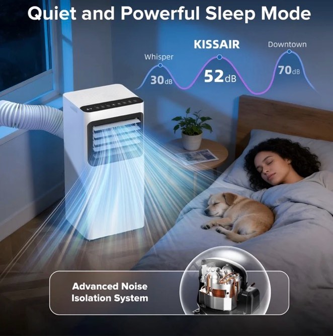 KISSAIR 8000 BTU Ashare Portable Air Conditioner, 4-in-1 AC Unit with Fan, Cooler and Dehumidifier, Sleep Mode, Remote Control, for Rooms up to 350 Feet²