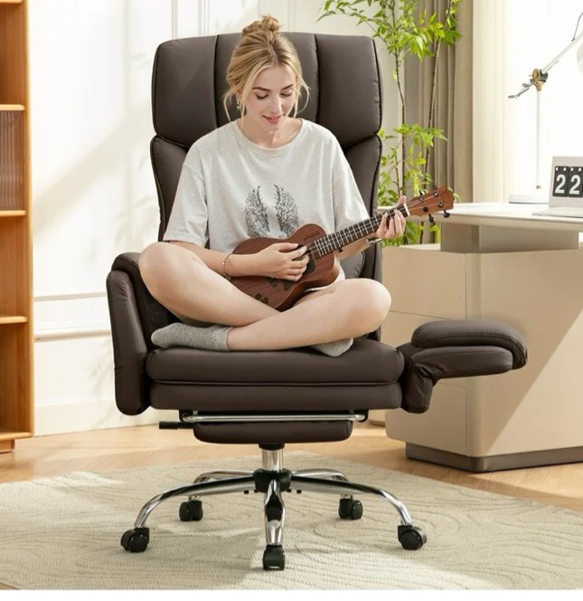 COOLHUT Large and Tall Office Chair, High Back PU Leather Executive Desk Chair with Footrest, Ergonomic Home Office Chair Computer Chair with Lumbar Support and Padded Armrest, Coffee