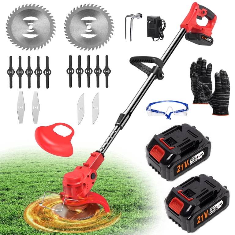 Yuyongr Weed Wacker Cordless String Trimmer with Wheels,2*2000mAh Cordless String Trimmer with 4 Types Cutting Blade,Weed Eater Grass Trimmer/Lawn Mower,(No Wheel) Overall