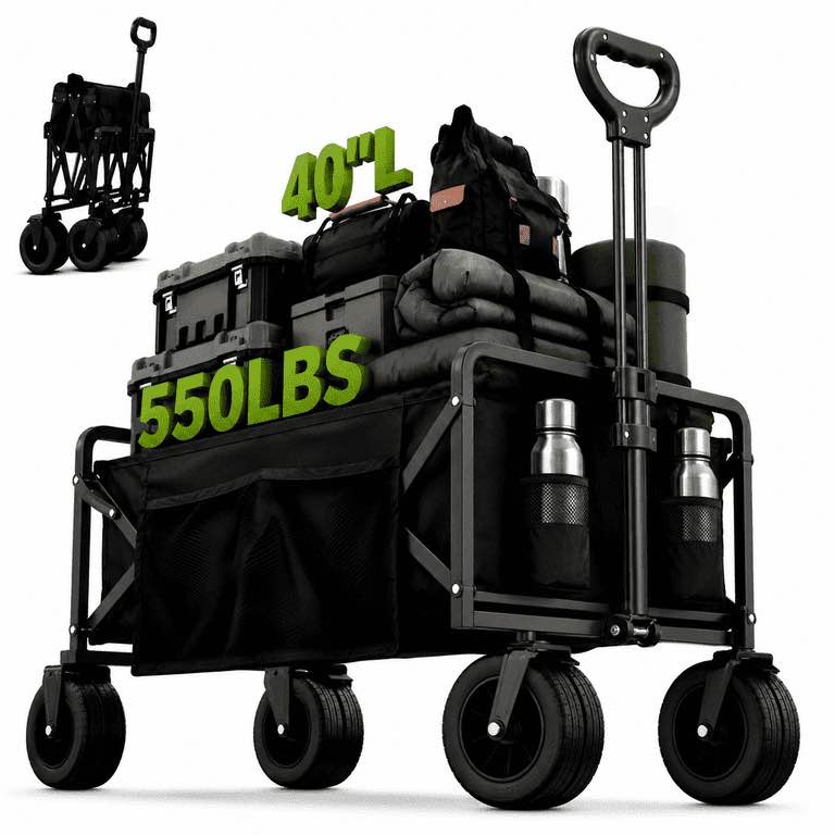 ANSFIL Collapsible Wagon with Wheels, Wagons Carts Foldable Wagon Cart with Flexible Handle, Folding Utility Heavy Duty Wagons Carts for Grocery Shopping Garden
