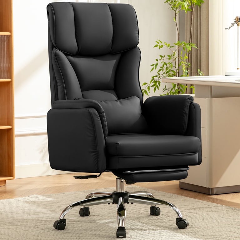 COOLHUT Big and Tall Office Chair, High Back Executive PU Leather Desk Chair with Footrest, Ergonomic Home Office Chair Computer Chair with Lumbar Support & Padded Armrest, Black