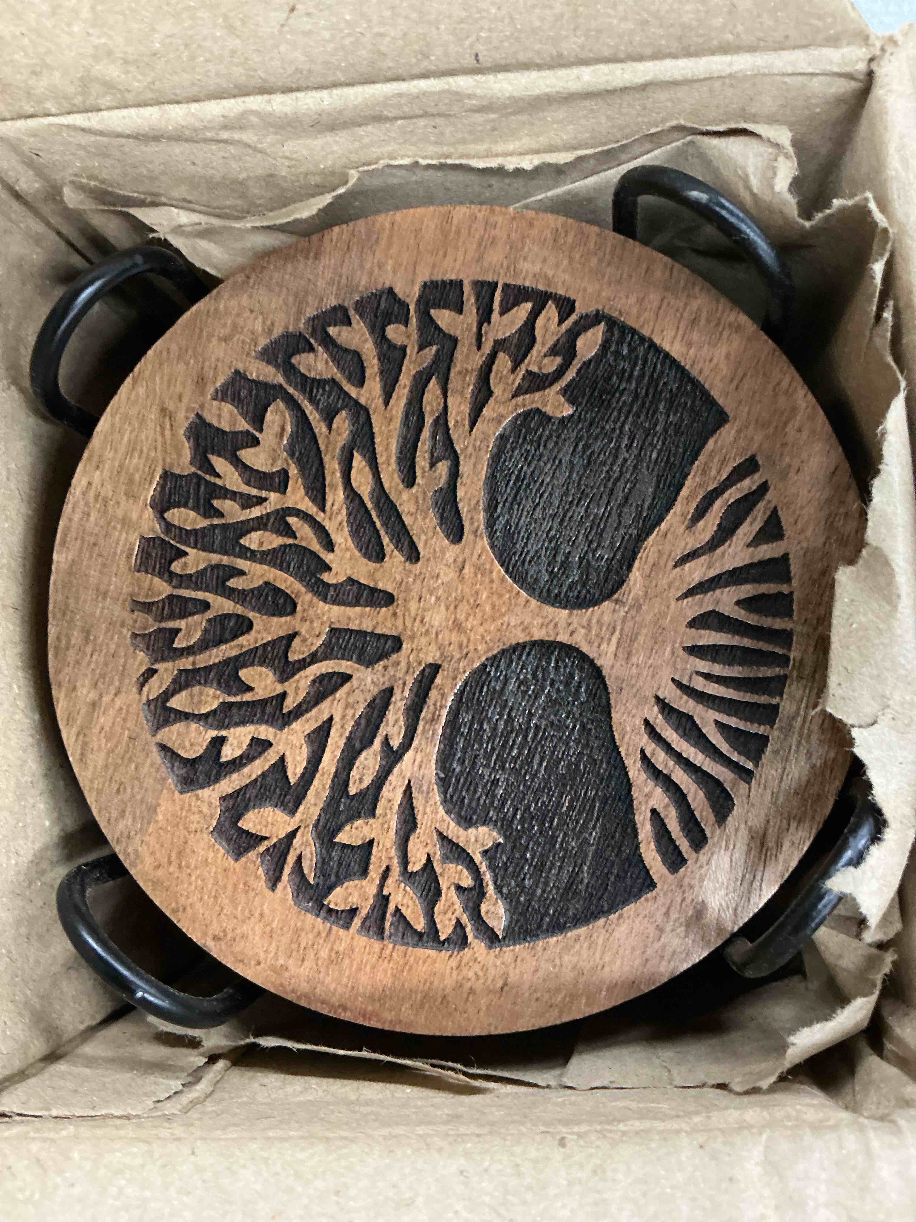 Condition photo showing Good Condition for kimona coasters set of 4 handmade round wooden tree of life coasters for drinks with iron holder for any table type for bar kitchen home apartment (4" x 4" x 0.5")