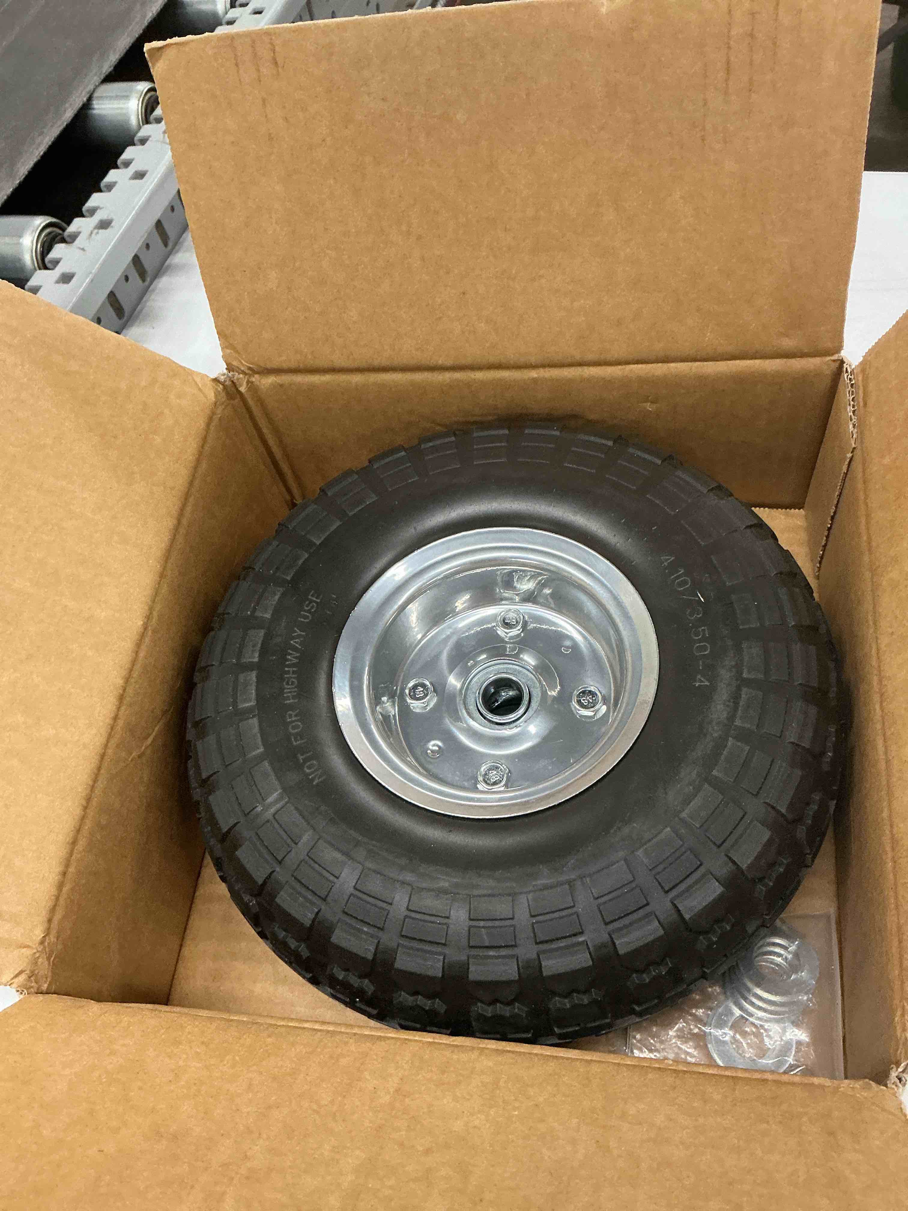 Condition photo showing Good Condition for 4.10/3.50-4 tire wheels flat free, 10 inch solid rubber tire wheels with 5/8'' double sealed bearings, 2.2" offset hub, perfect for hand truck dolly garden trailer gorilla carts, 1 pack