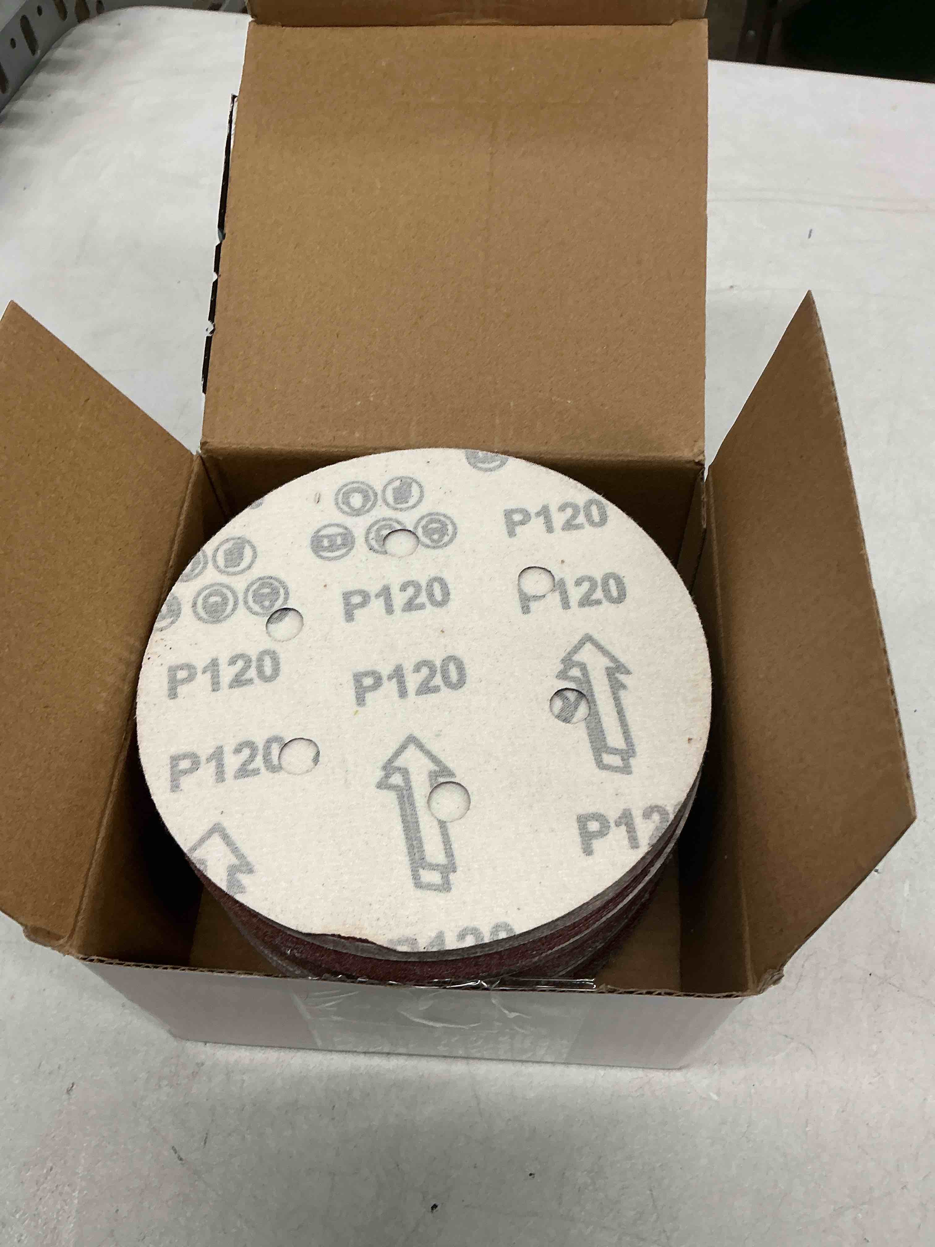 Condition photo showing Good Condition for 100 pcs 6 inch sanding discs 120 grit, 6 hole hook and loop sandpaper, round orbital sand paper discs for sander 120 grit 6 hole-red