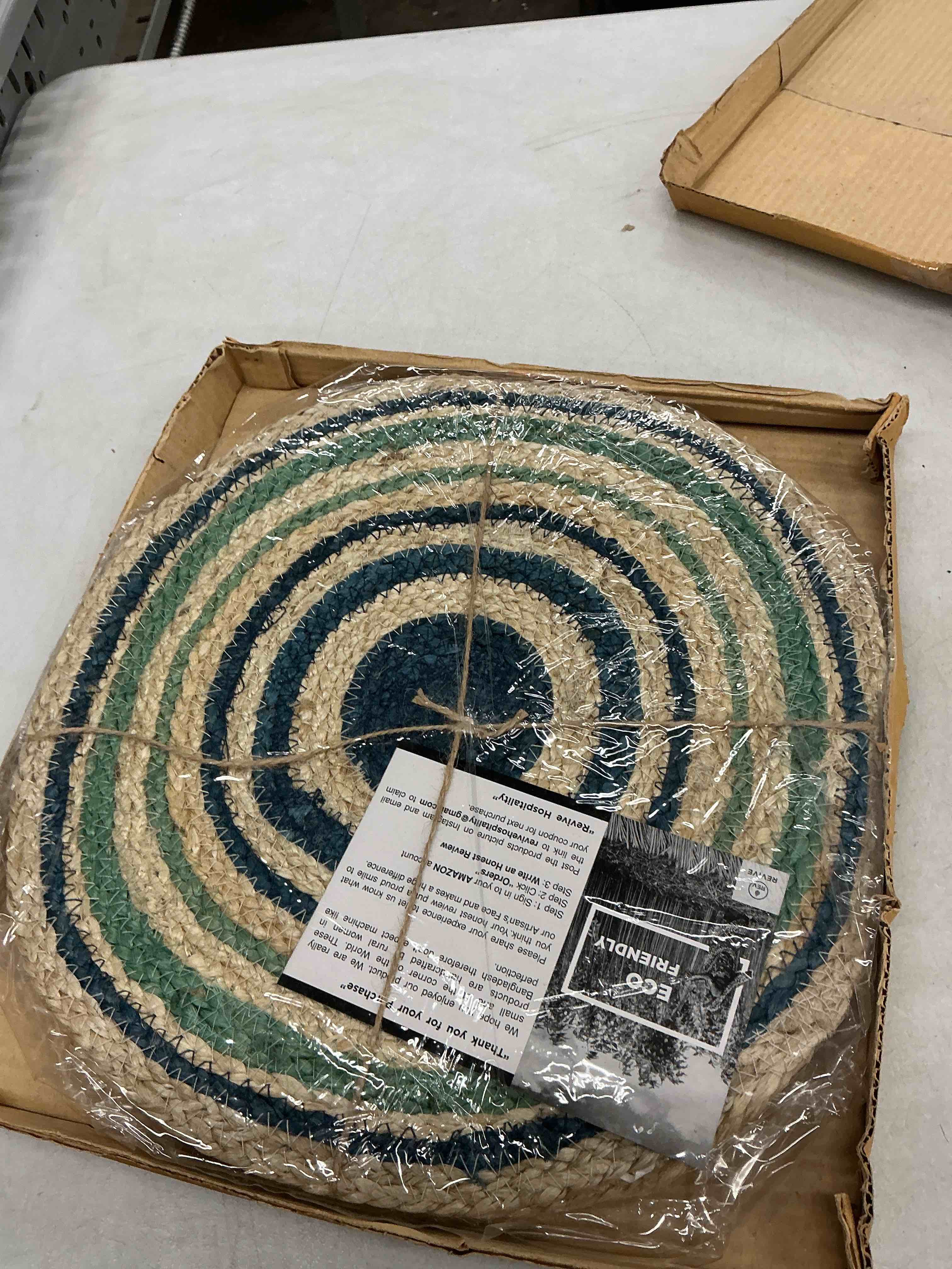 Condition photo showing Good Condition for revive natural jute wicker placemats, braided organic handmade 14-inch round table mats, set of 4 (blue)
