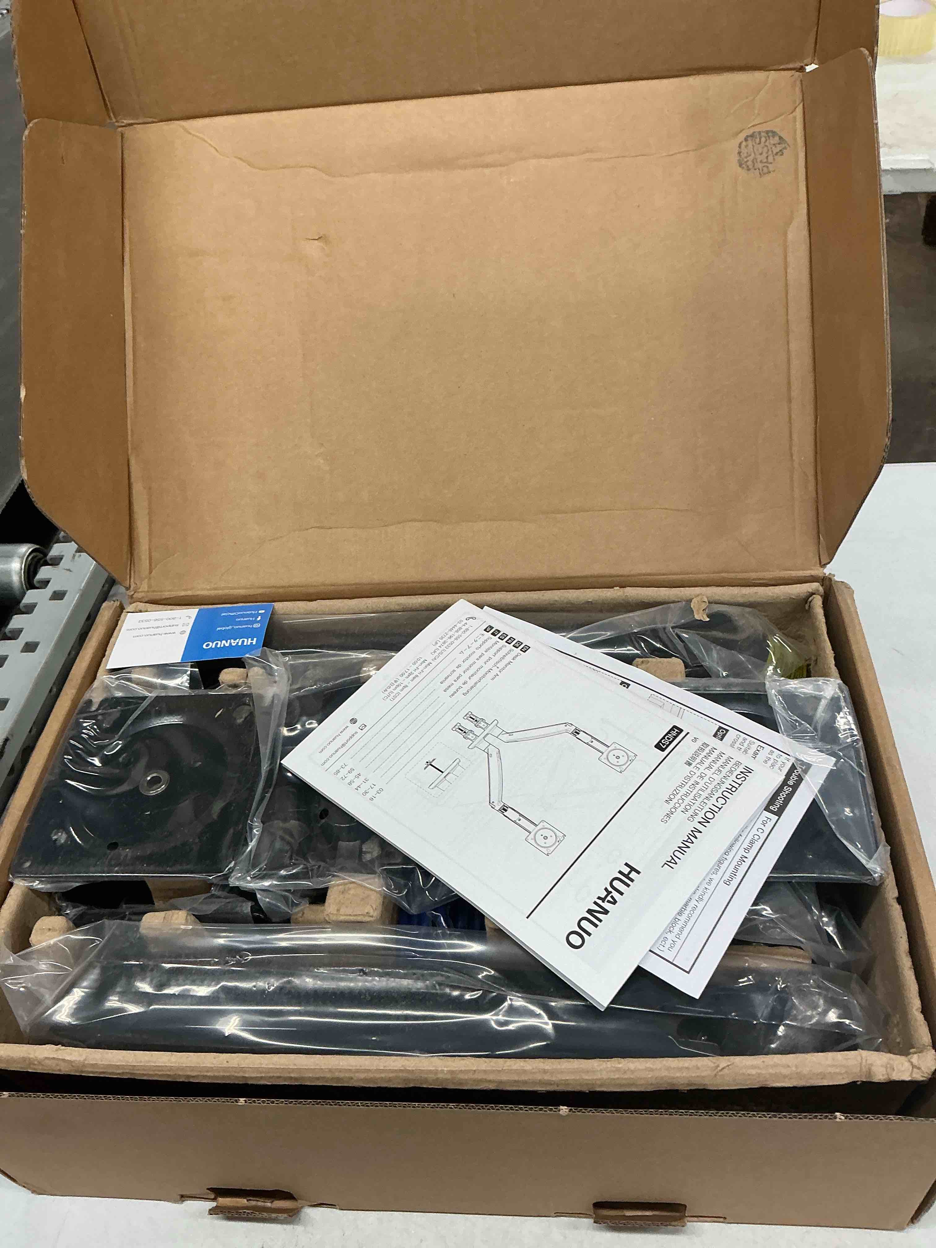 Condition photo showing Good Condition for huanuo nitroglide™ dual monitor stand for 13?–40?, premium dual monitor mount with usb, height adjustable monitor stand for 2 monitors, vesa mount with clamp/grommet base, holds 26.4lbs per arm, hnds7 13-40 inch
