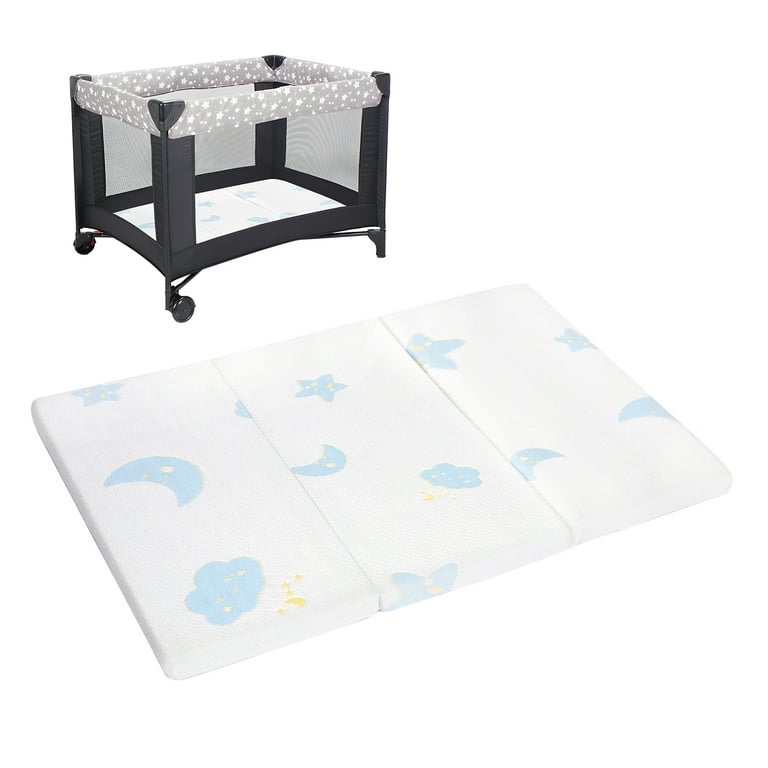 Pack and Play Mattress Pad?Trifold Portable Crib Pack N Play Mattresses,38 * 26" Inch Jacquard Playpen Mattress for Travel Soft Breathable Play Yard Mattress with Washable Cover (Moon/Star-Trifold)