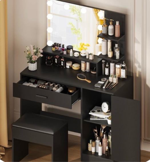 Ktaxon Vanity Set with 3 Color Lighted Mirror, Makeup Table with 3 Storage Shelves & Drawers, Dressing Table Makeup Desk with Stool,Black