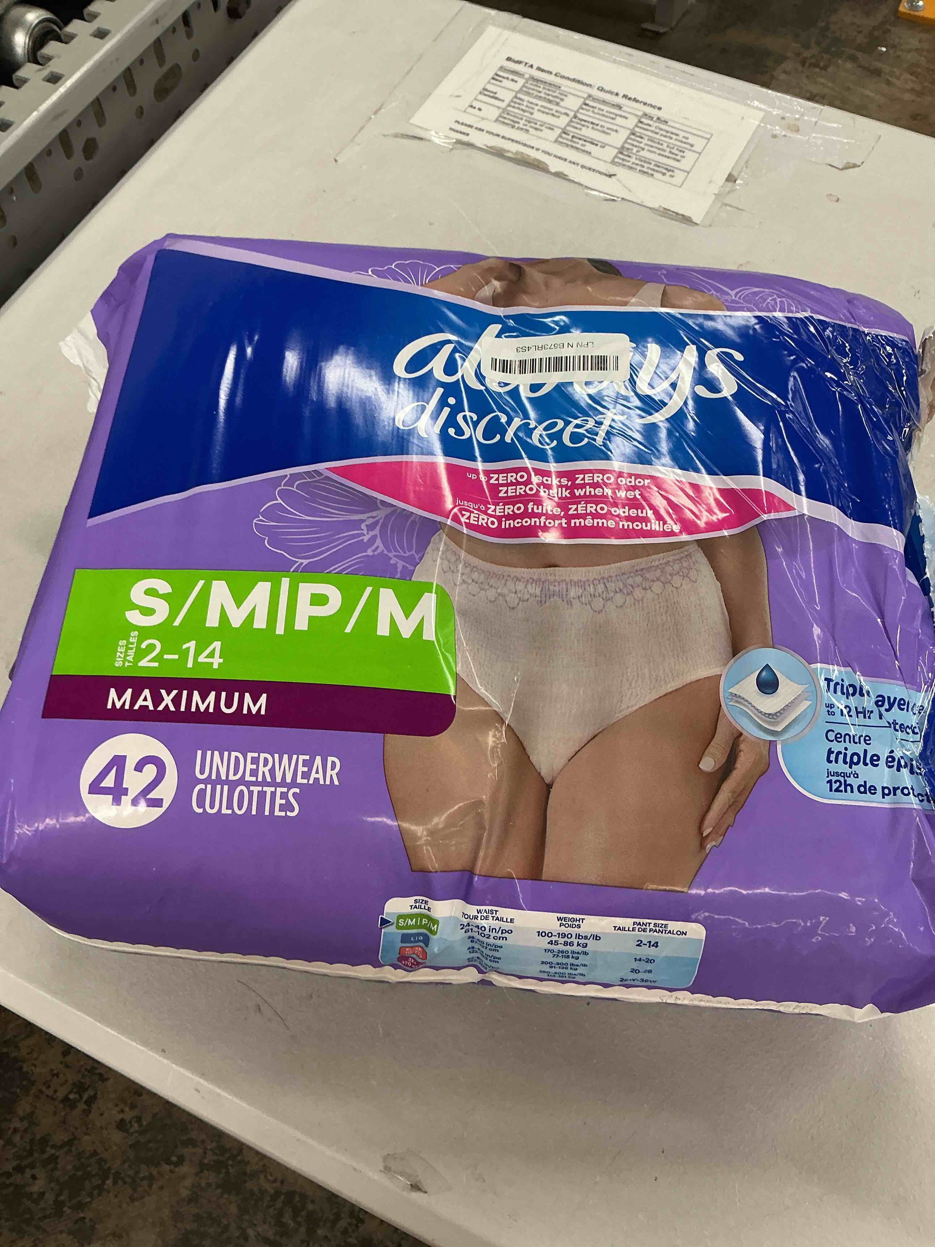 Condition photo showing Good Condition for always discreet adult incontinence underwear for women and postpartum underwear, s/m, up to 100% bladder leak protection, 84 count (packaging may vary)