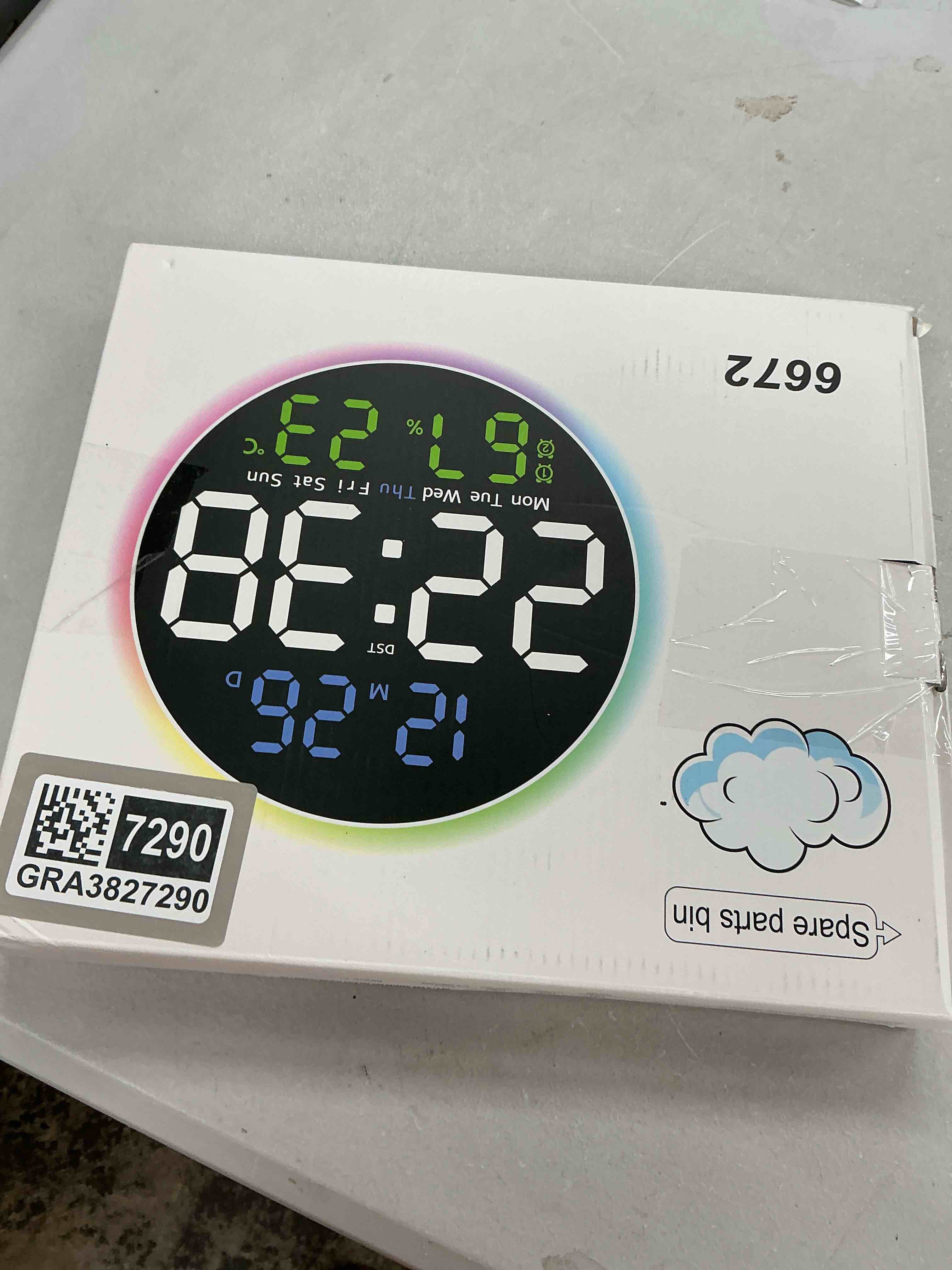 Condition photo showing Good Condition for 10 inch large digital wall clock with 9 color changing remote control, date week temperature, auto brightness dimmer clock night lights,blue+green
