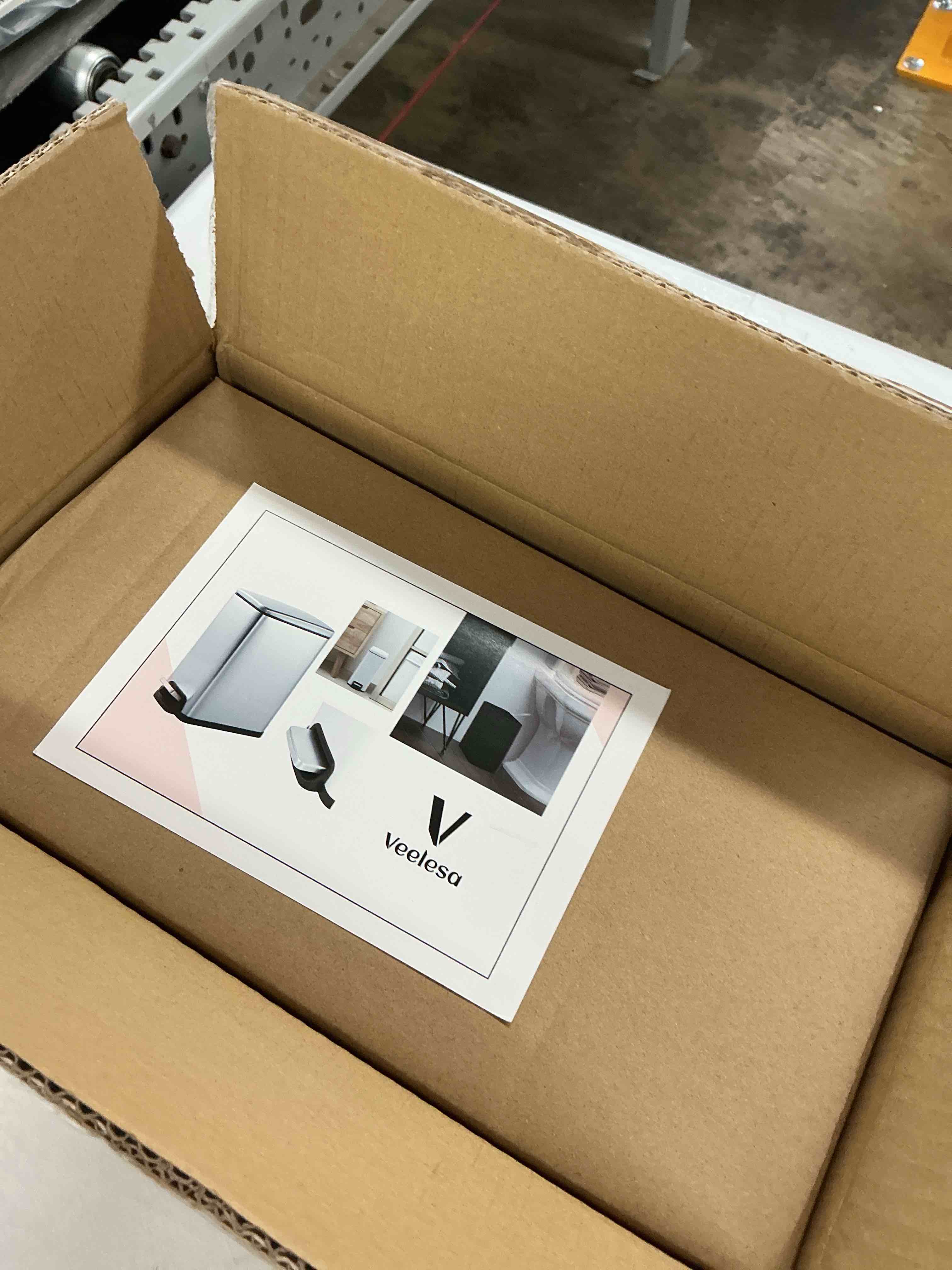 Condition photo showing New/Like New for small bathroom trash can 2.4 gallon wastebasket, slim metal garbage can matte black stainless steel trash bin for bedroom,office,kitchen,toilet, rv, near desk, under sink