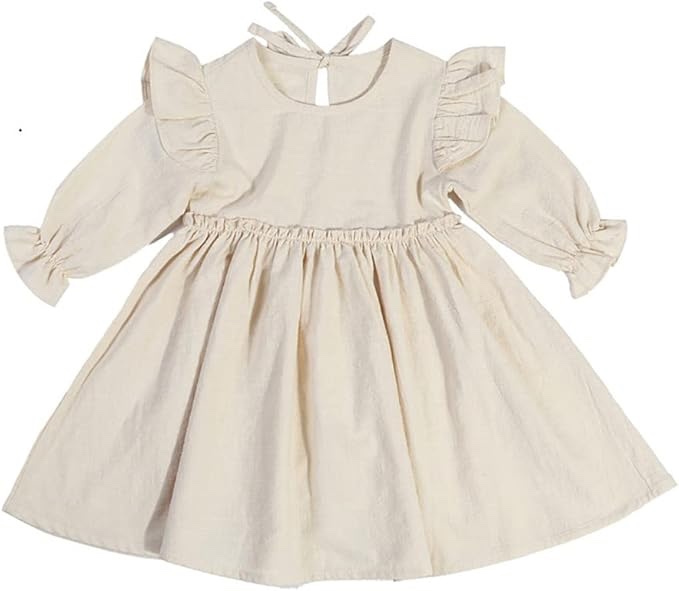 Toddler Baby Girl Cotton Linen Dress Long Sleeve Ruffle Fall Dress Kids Solid Color Dresses Casual Clothes