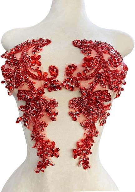 Handmade Shining Rhinestones lace Applique Patches Sewing Beads Sequins Stone Trim Accessories for Wedding Dress one Pair/Bag (Red)