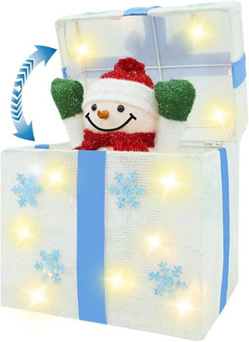 Animated Christmas Snowman in Lighted Gift Box, Christmas Light Gift Box White for Outdoor Indoor Decorations - Xmas Pop Up Snowman Presents Box, Porch Yard Under Tree Ornaments Holiday Decor