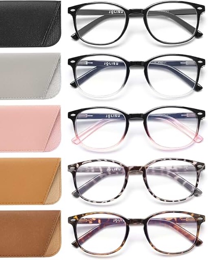 JOLISU 5 Pack Reading Glasses For Women, Blue Light Blocking Computer Reader Spring Hinge Eyeglasses (1.50)