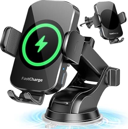 Wireless Car Charger, Fast Charging Phone Holder 3 in 1 Phone Mount Auto Clamping Car Accessories Compatible with iPhone 17 16 15 14 13 12 11 Xs XR, Samsung S23 Ultra S22 S21 S20/S10+ S9+ Note 9 Black