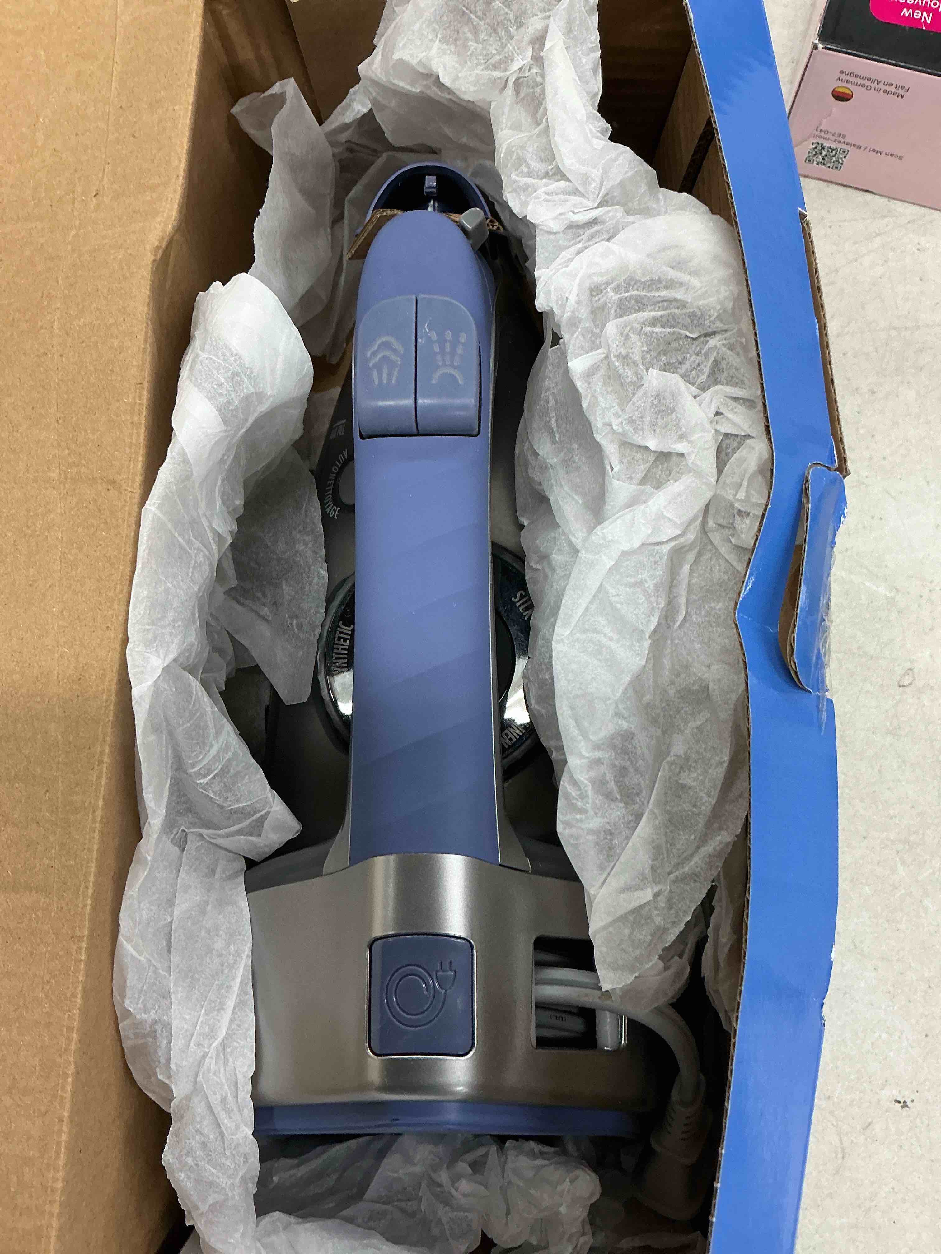Condition photo showing Good Condition for hamilton beach steam iron & vertical steamer for clothes with scratch-resistant durathon soleplate, 8' retractable cord, 3-way auto shutoff, anti-drip, 1800 watts, silver and blue 1800 watts standard