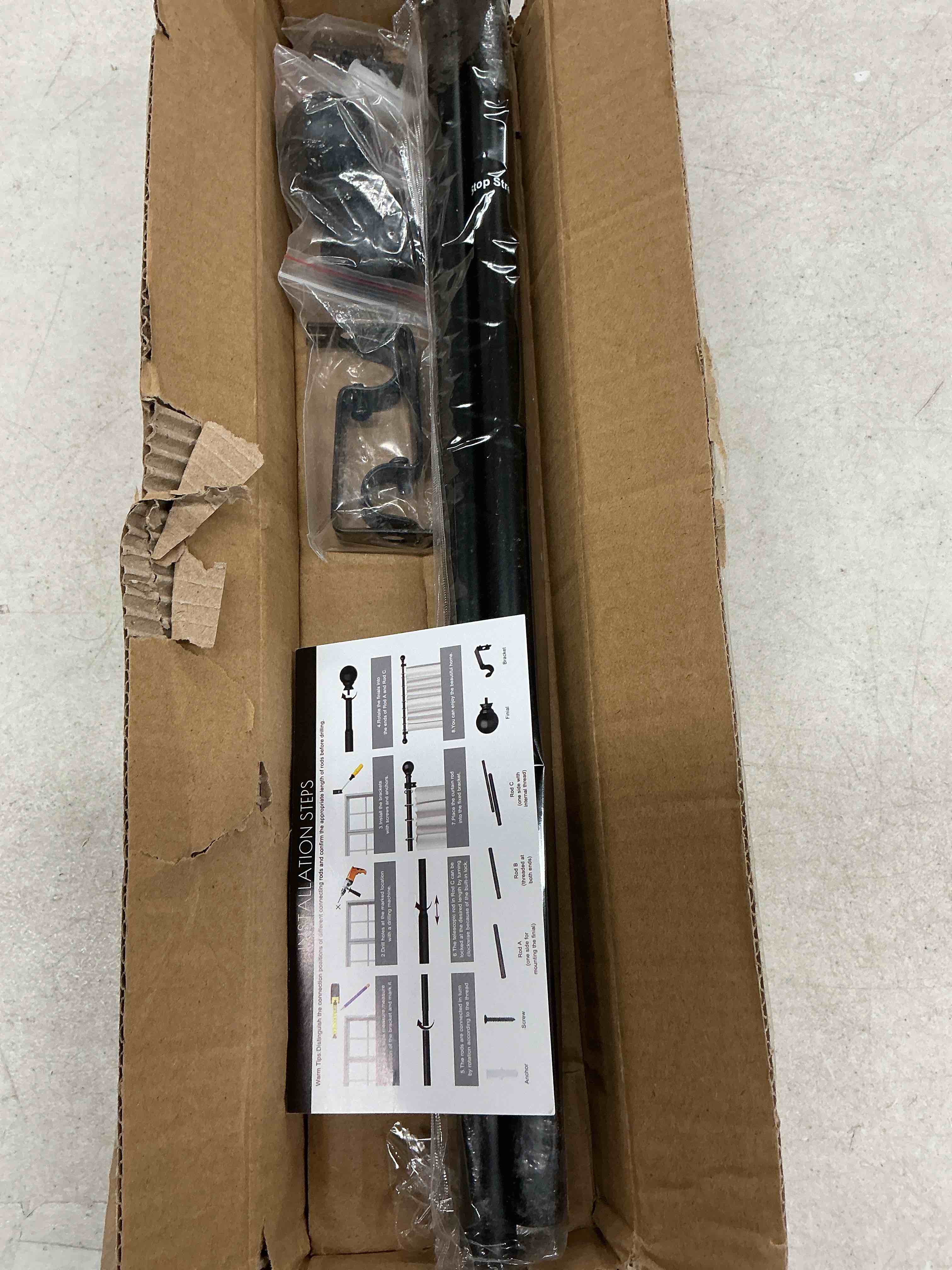 Condition photo showing Good Condition for black curtain rods for windows 36"- 48", decorative drapery rod adjustable by splicing, 5/8 inch small curtain rod for bedroom, living room, kitchen and outdoors black 31"-46"