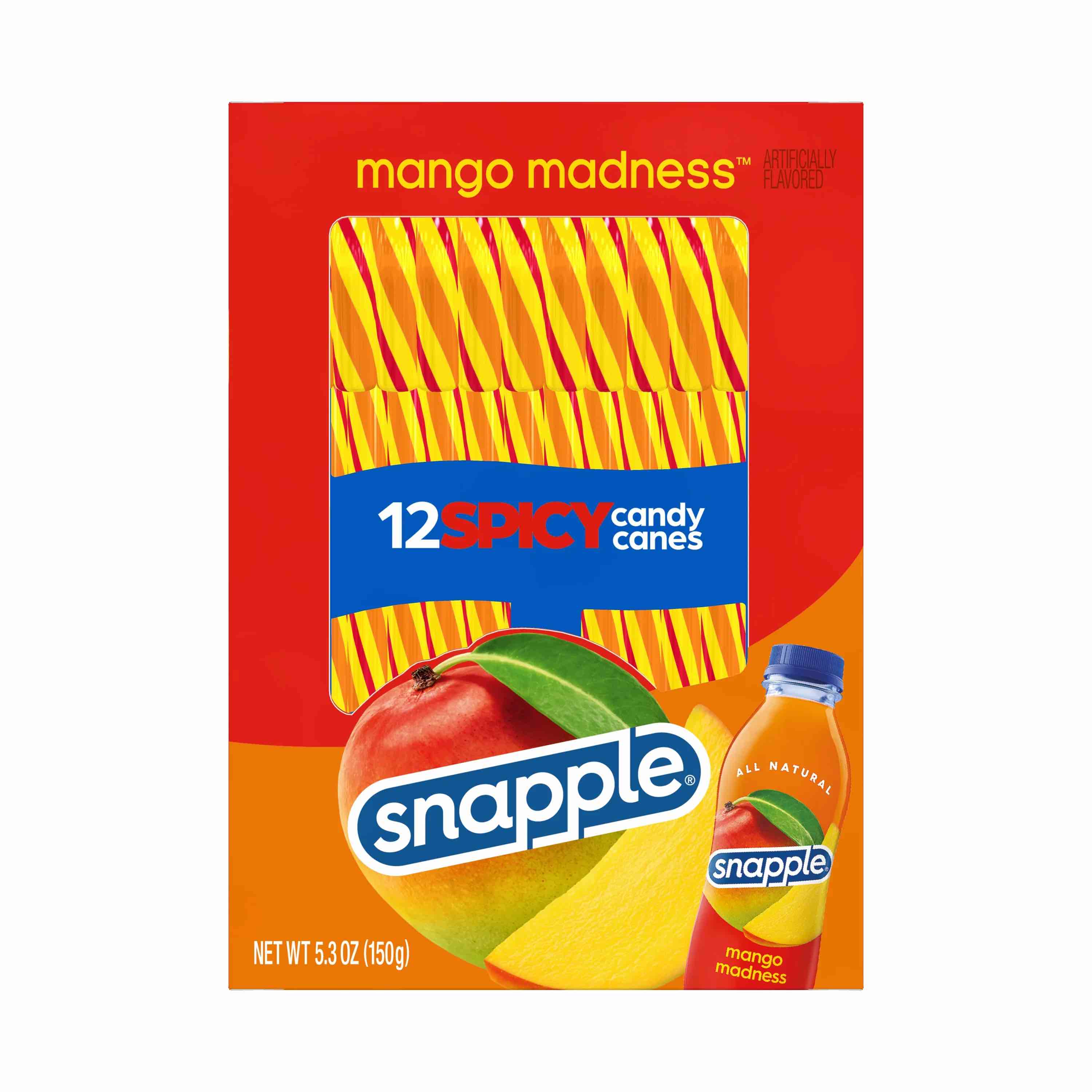 Spicy Mango Snapple Christmas Holiday Candy Canes Stocking Stuffers Individually Wrapped Treats, 12 Count  