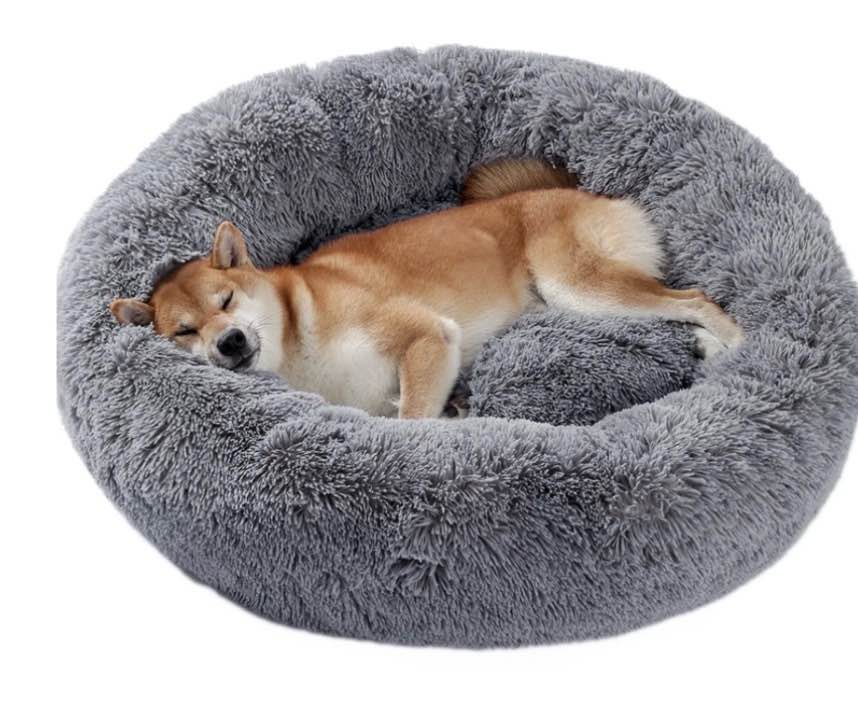 PAWZ Road Calming Donut Dog Bed Anti-Anxiety Plush Pillow Round Puppy Cat Bed 30" for Pets up to 45lbs,Gray