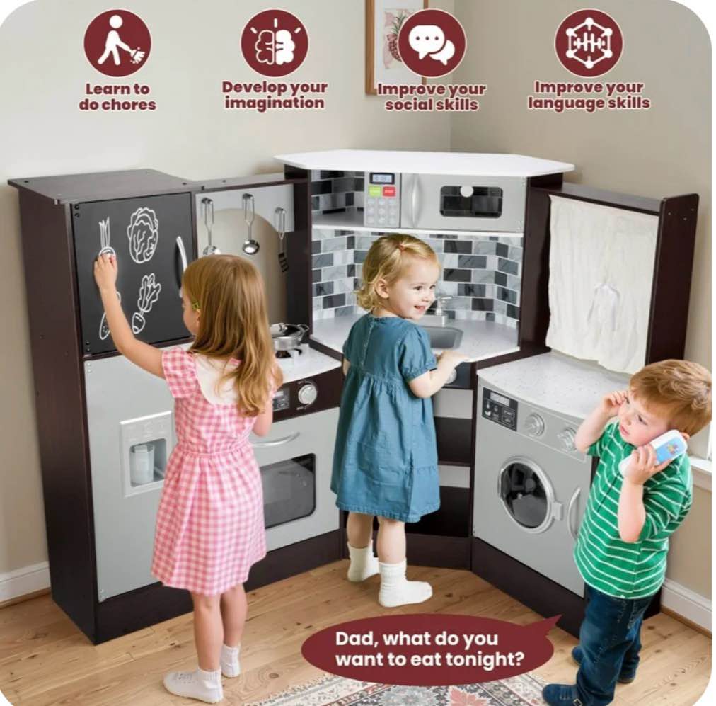 iYofe Corner Wooden Play Kitchen, Kids Kitchen Playset w/Light & Sound, Phone, Microwave, Stove, Cocina de Juguete Para Niña with Cooking Toys Accessories for Toddler Ages 3-5 Boys Girls, Espresso