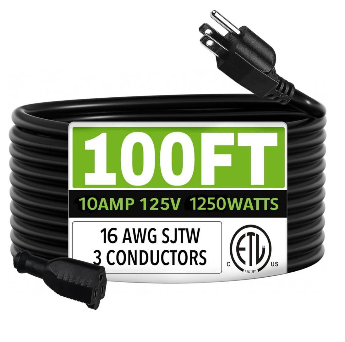 BN-LINK 100 ft Outdoor Extension Cord 16/3 SJTW, Black, PVC Cable Jacket, 3-Prong, Weather Resistant -40?, Flame Retardant, Suitable for Garden, Yard, Landscaping & Holiday Decorations, 10A 125V ETL