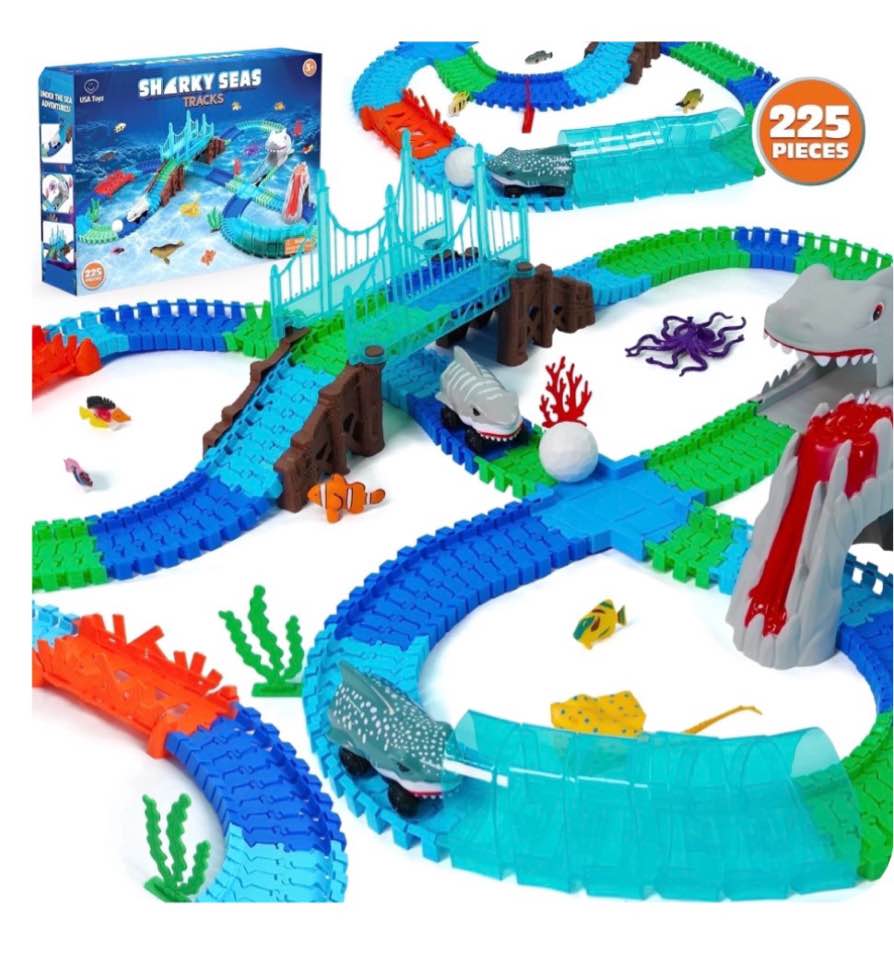 USA Toyz Shark Car Seas 225 Piece Spring Break Race Tracks Playset Underwater Themed STEM Toys for Kids Ages 3+